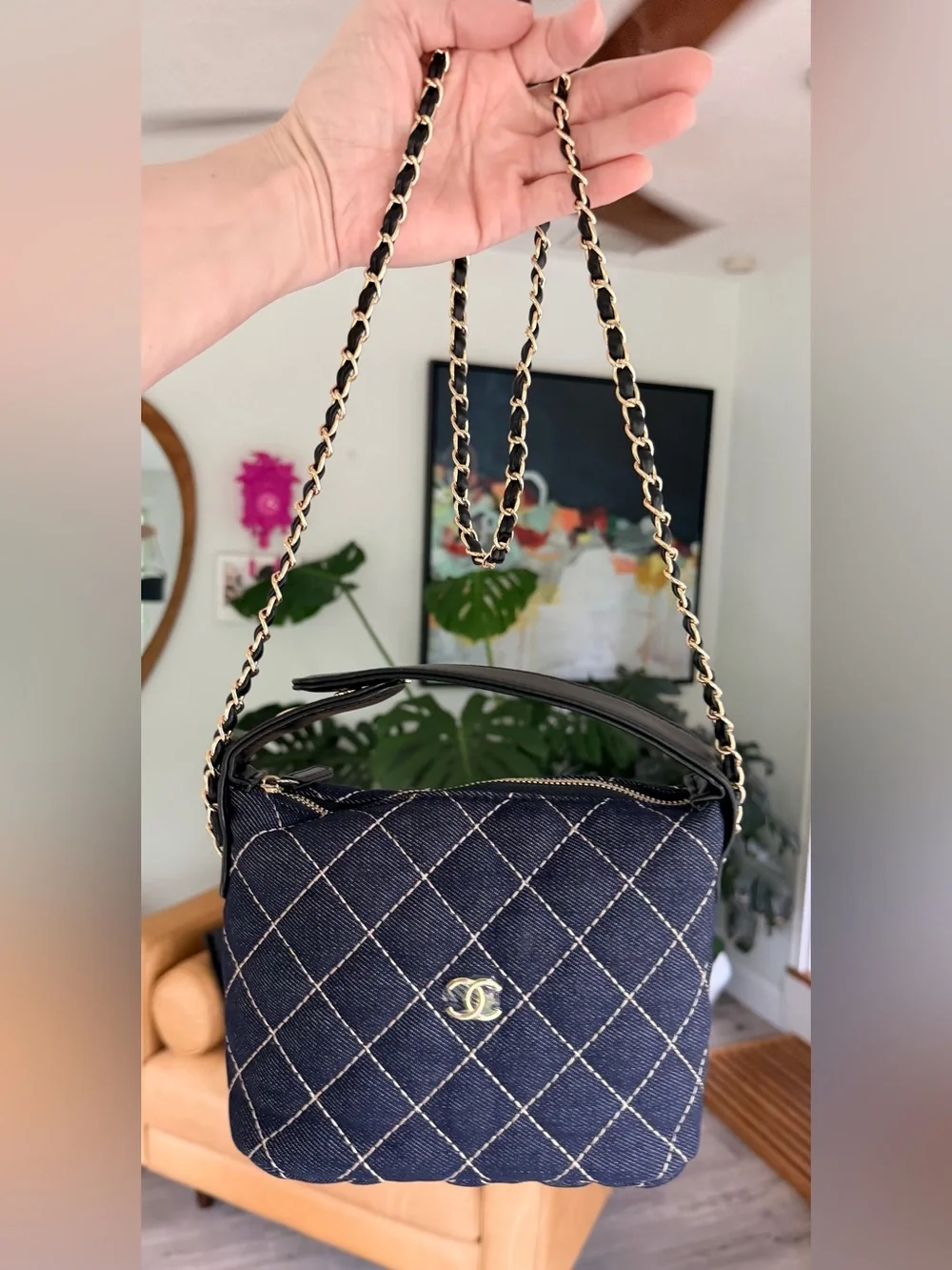 FULL SET NEW Chanel MAKEUP Denim Quilted Hobo Clutch w Chain w Gold Hardware